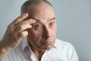 Man fretting over his forehead wrinkles