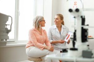 woman asking eye doctor questions